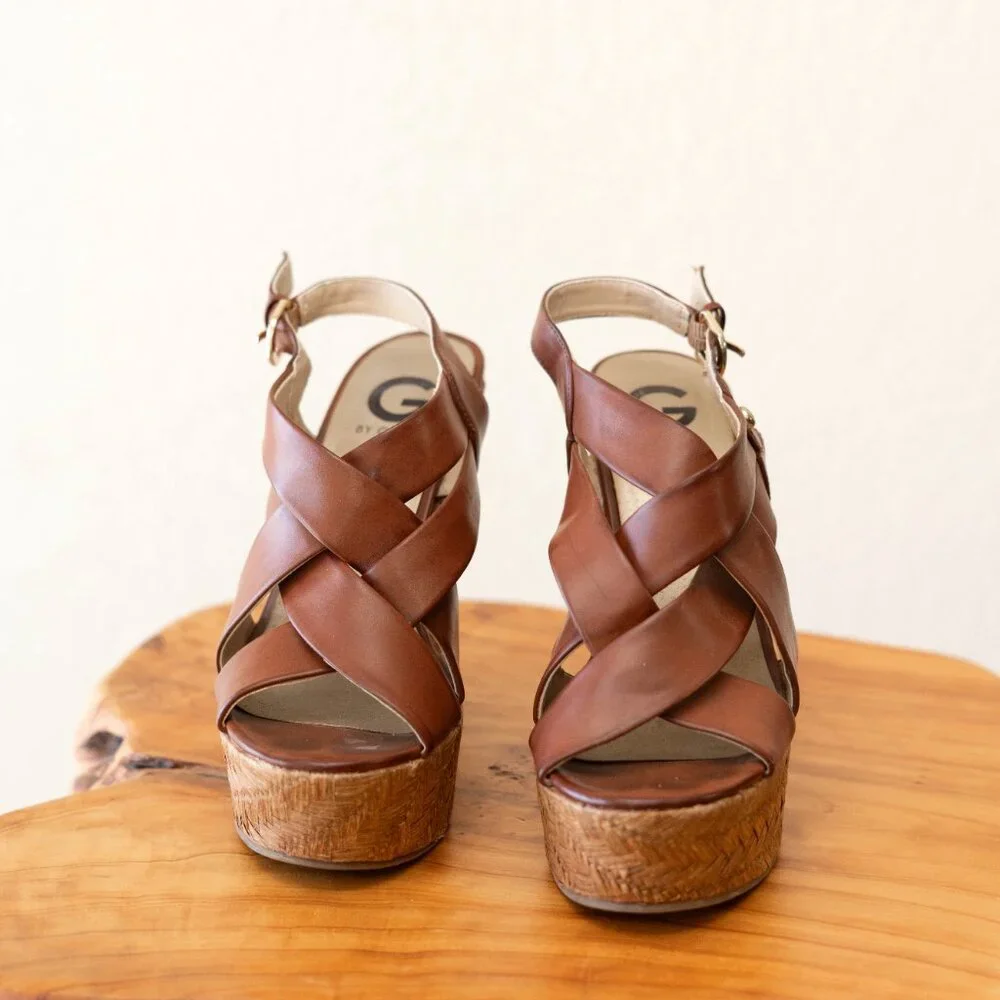 Guess G by Guess 8.5M Brown Cork Wedge Sandals Platform Strappy Heels - Picture 4 of 9